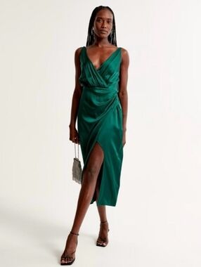 Abercrombie & Fitch Emerald Green Satin Wrap Midi Dress